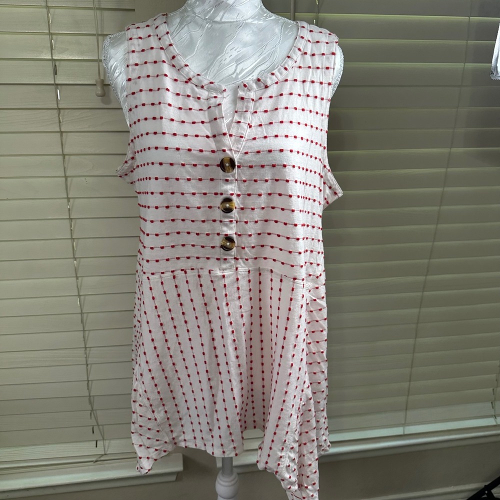 New Directions Tunic Women 1X White Red Clip Dot Henley Sharkbite Boho Top